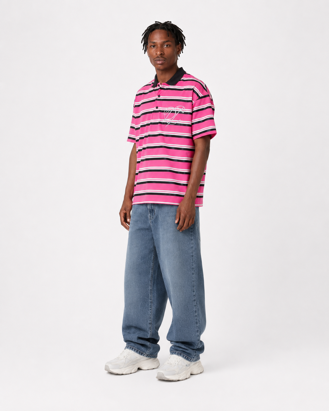 College Dropout Polo, three-quarter view on model
