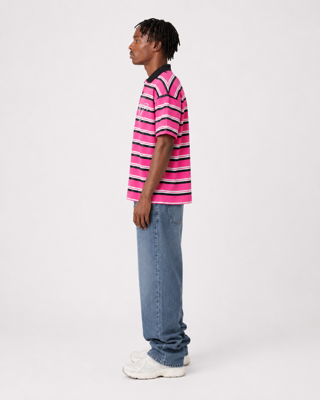 College Dropout Polo, side view on model