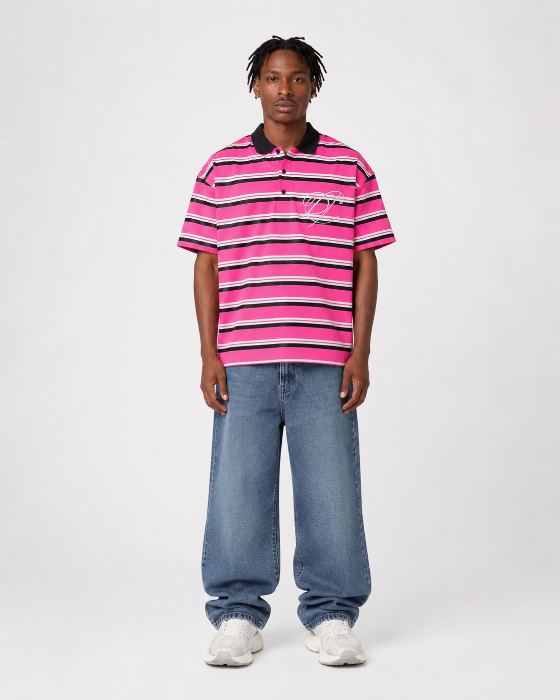 College Dropout Polo, front view on model