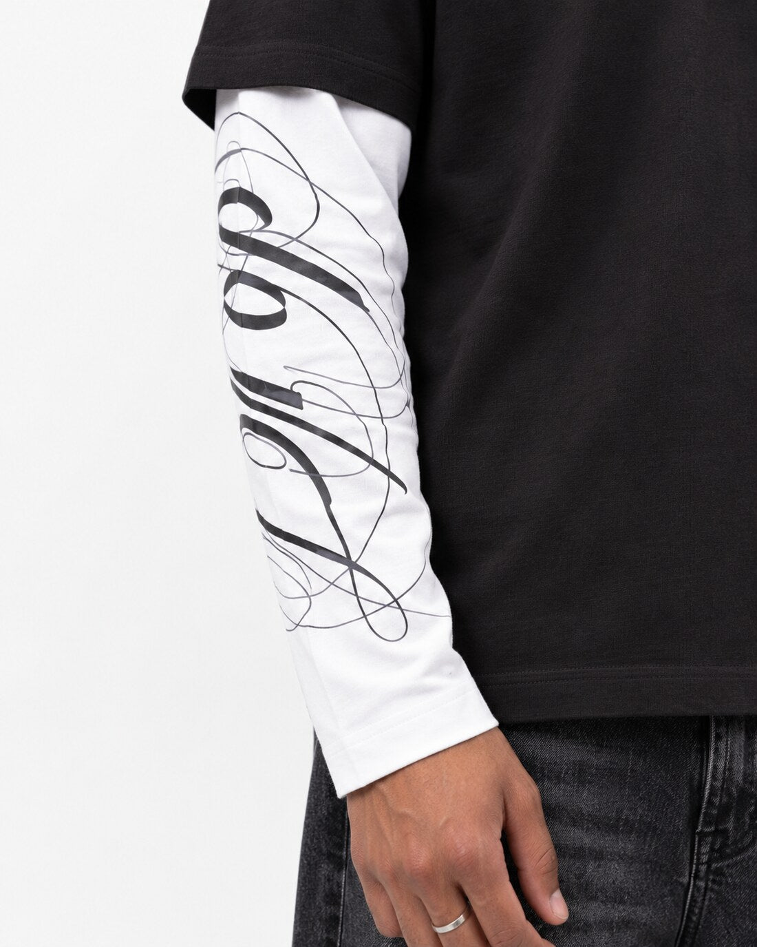 Heritage Long Sleeve — DROP script print detail on the white sleeve