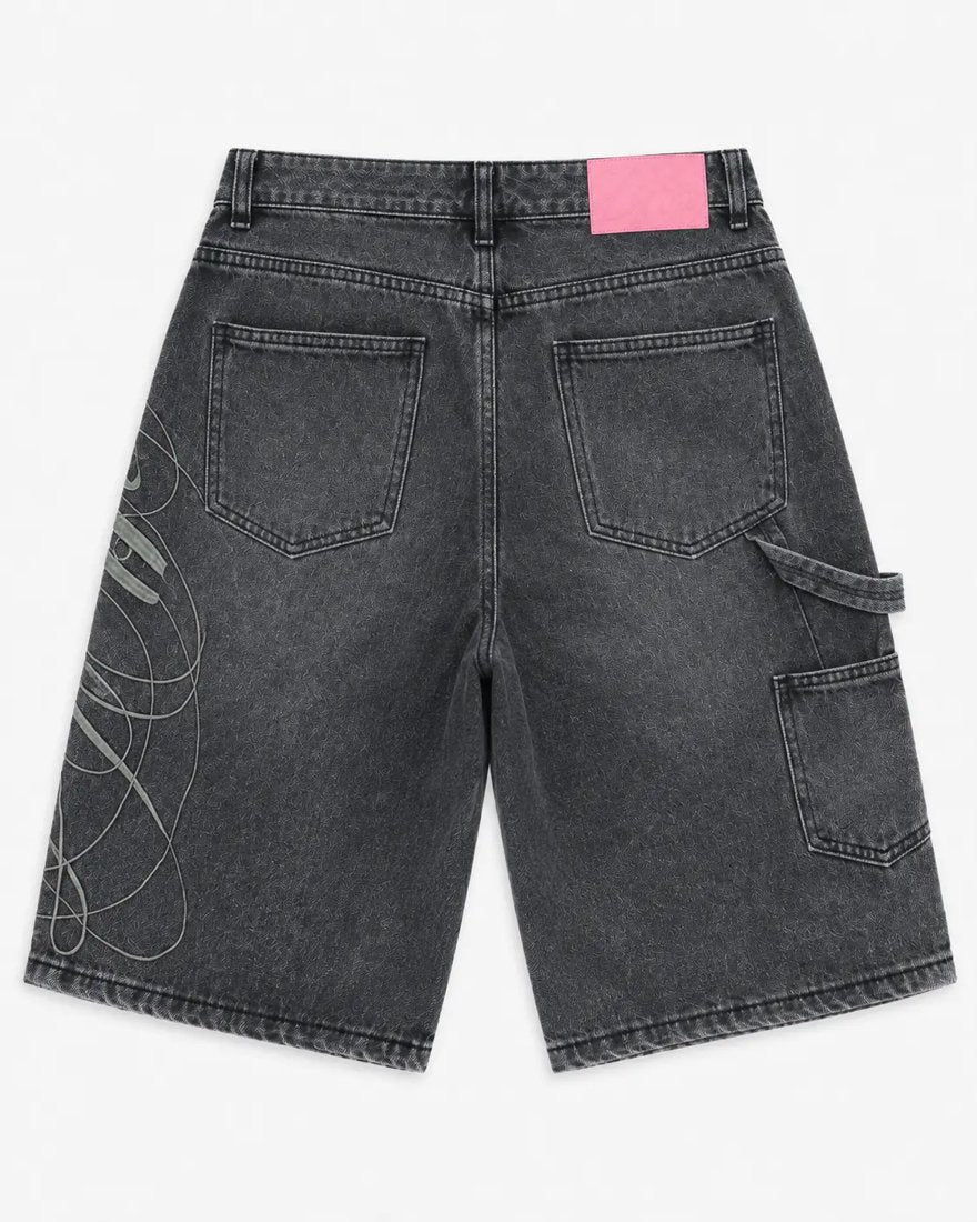 Exhibit 001 Jorts — flat back product view with pockets and pink label